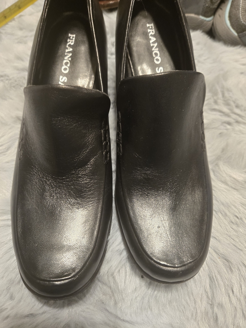 Franco Sarto Black Leather Block Heel Loafers